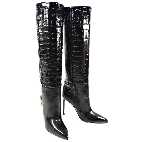 PARIS TEXAS 🇮🇹 WOMEN'S BLACK EMBOSSED CROCO STILETTO FASHION BOOTS - Picture 1 of 9